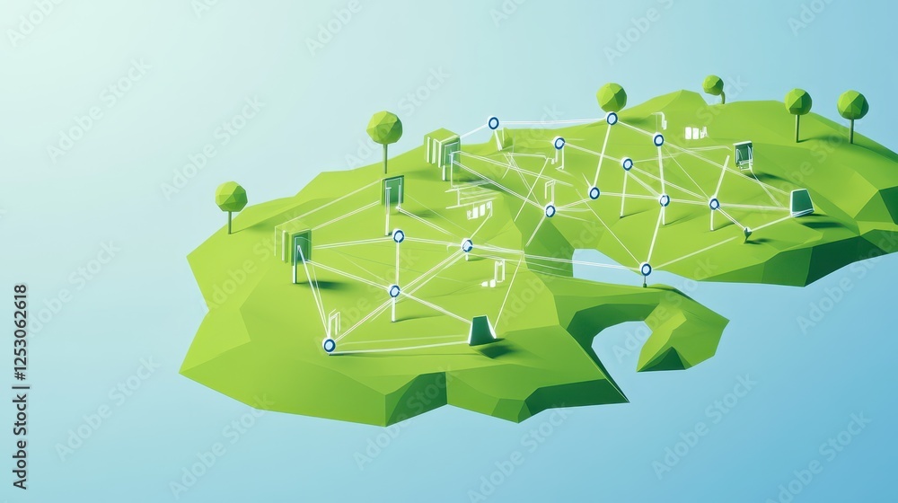 Aufkleber isometric 3d low poly style depiction of a stylized landscape with connected elements and trees in a