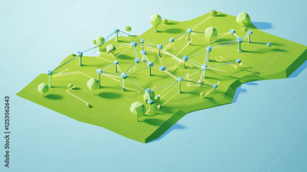 Poster isometric 3d low poly style representation of abstract network landscape with green terrain and simp