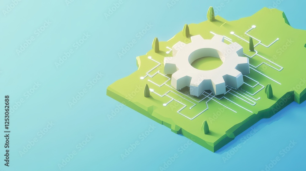 Poster isometric 3d low poly style depiction of gear on abstract geometric landscape with circuit pattern b