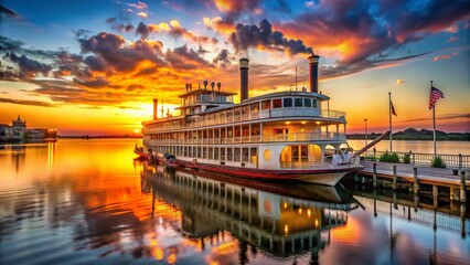 Majestic Paddle Wheeler at New Orleans Port:  Historic Riverboat Docked on Mississippi River