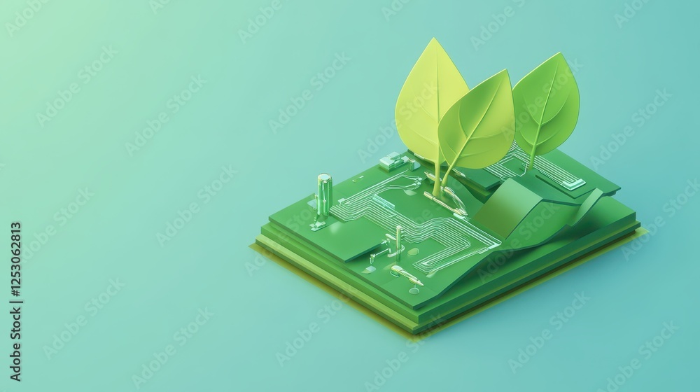 Poster isometric 3d low poly style depiction of a green landscape with circuit patterns and stylized leaves