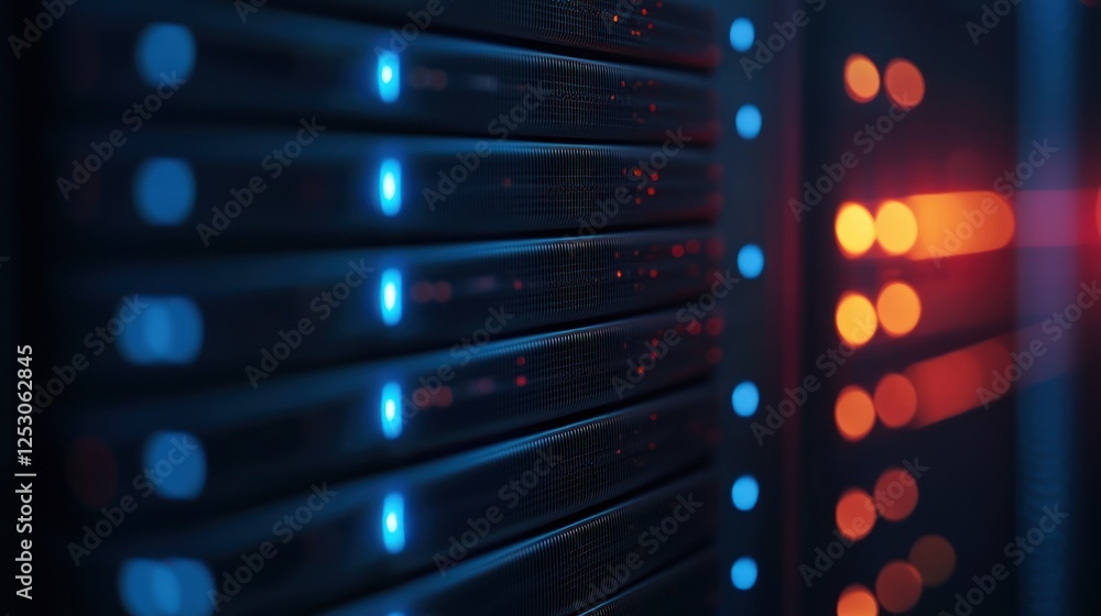 Poster a close-up view of a server rack with glowing led lights