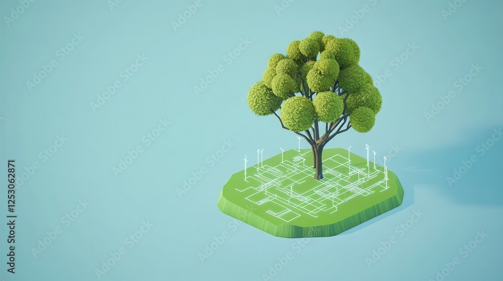 Aufkleber isometric 3d low poly style depiction of a stylized tree on a green base with minimalist design elem