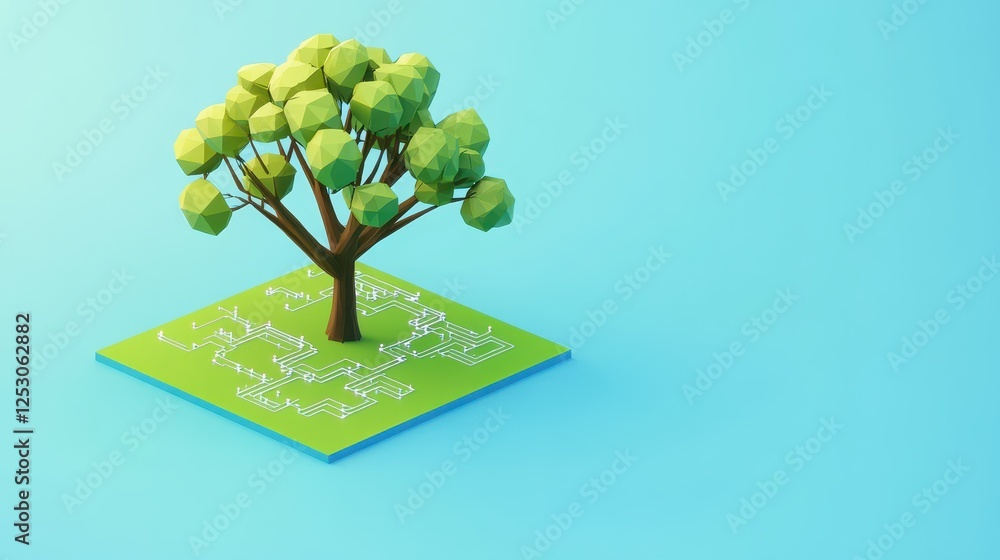 Poster isometric 3d low poly style tree depiction on green base with abstract patterns in bright color sche
