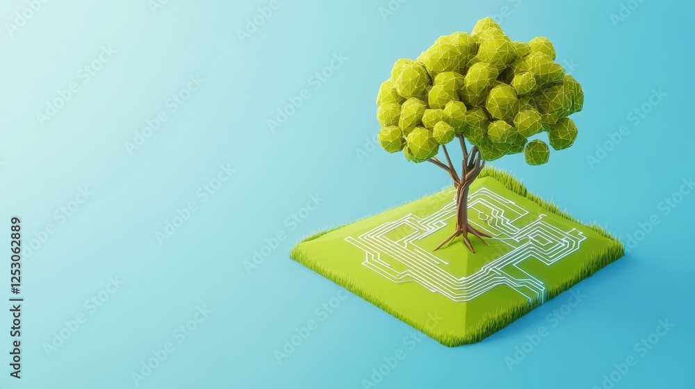 Poster isometric 3d low poly style representation of a tree on a green circuit board landscape with blue ba