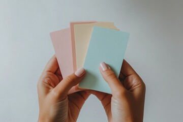 A person's hands holding pastel-colored cards, showcasing different shades of pink, yellow, and blue.