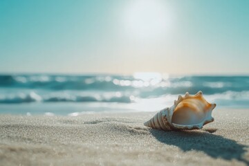  Sea shells on the sandy summer beach. Ocean as background. Seashells.