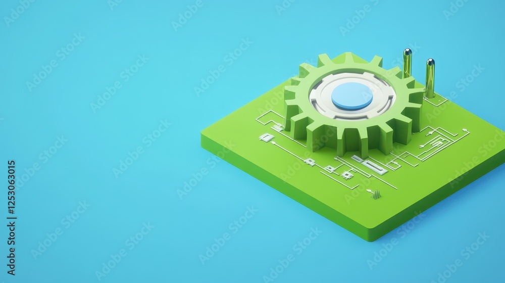 Aufkleber isometric 3d low poly style depiction of green gear on circuit board background for digital design a