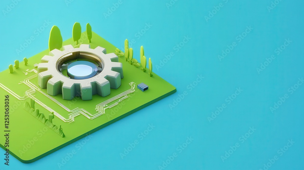 Poster isometric 3d low poly style depiction of a gear on a green landscape with trees and circuit elements