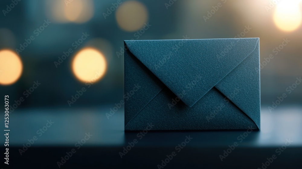 Poster a close-up view of an elegant envelope resting on a table, illuminated by soft bokeh lights in the b