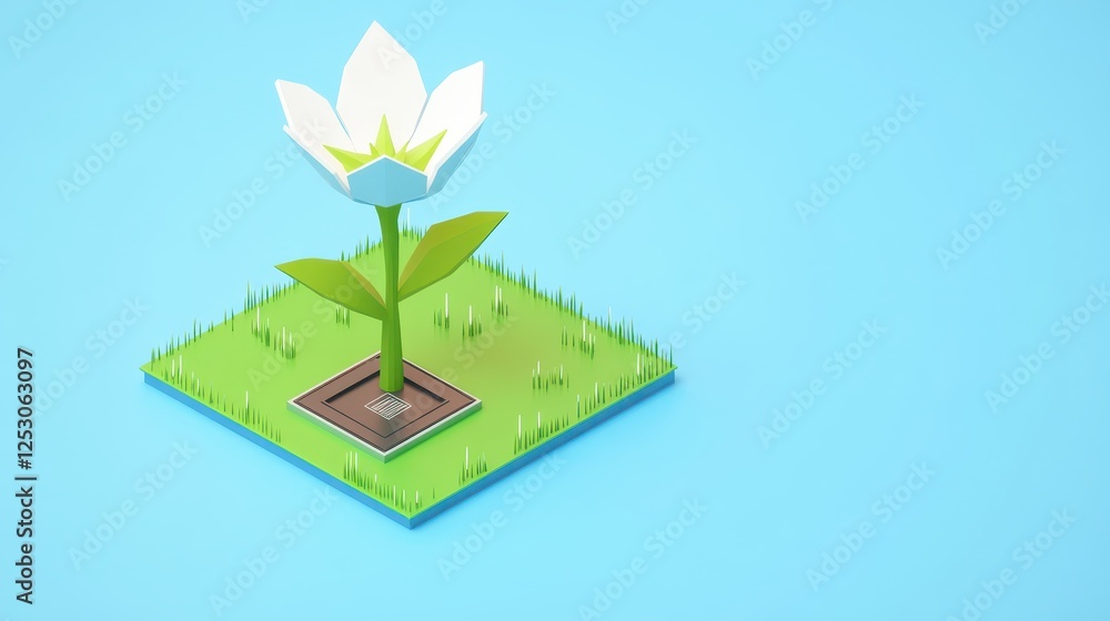 Aufkleber isometric 3d low poly flower design on a green square platform with blue background for modern visua