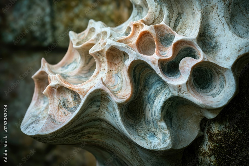 Poster abstract stone sculpture with swirling patterns and intricate textures, resembling a natural formati