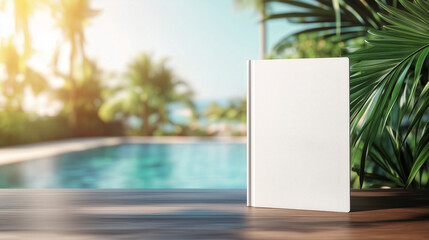 Blank book cover template stands proudly on a wooden table under the golden sunlight, with a tranquil pool and vibrant foliage in the background, perfect for showcasing creativity