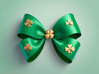 green bow with gold shamrock for st. patrick`s day celebration