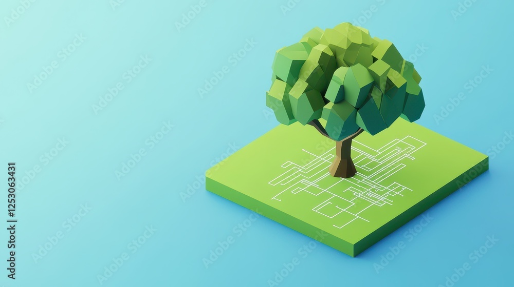 Poster isometric 3d low poly style depiction of a stylized tree on a green platform with abstract lines in 