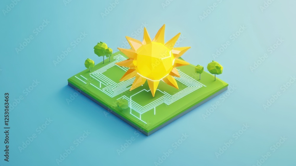 Poster isometric 3d low poly style depiction of stylized sun over green landscape with trees and circuit pa