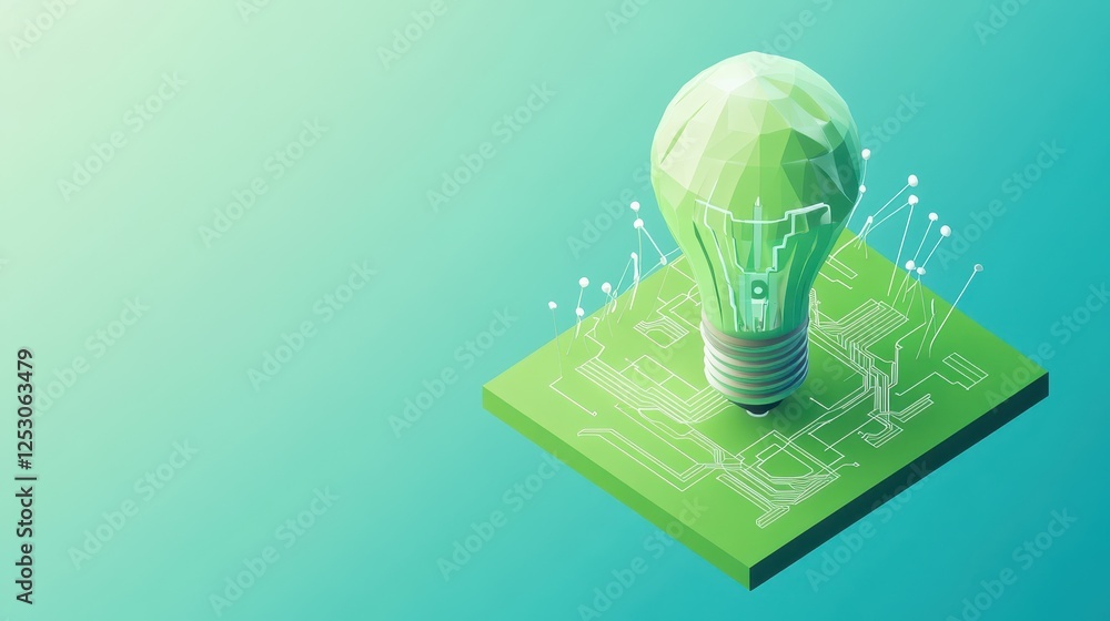 Poster isometric 3d low poly style depiction of a green light bulb on a circuit board with abstract technol