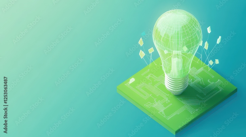 Poster isometric 3d low poly style depiction of a green light bulb on a circuit board with abstract geometr