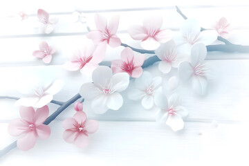 Delicate pink and white cherry blossoms on branches placed against a light wooden background. Close-up