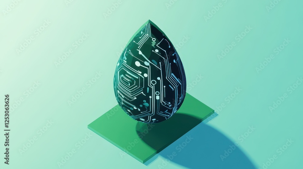 Poster isometric 3d low poly style depiction of a stylized circuit board design on an egg shape with green 