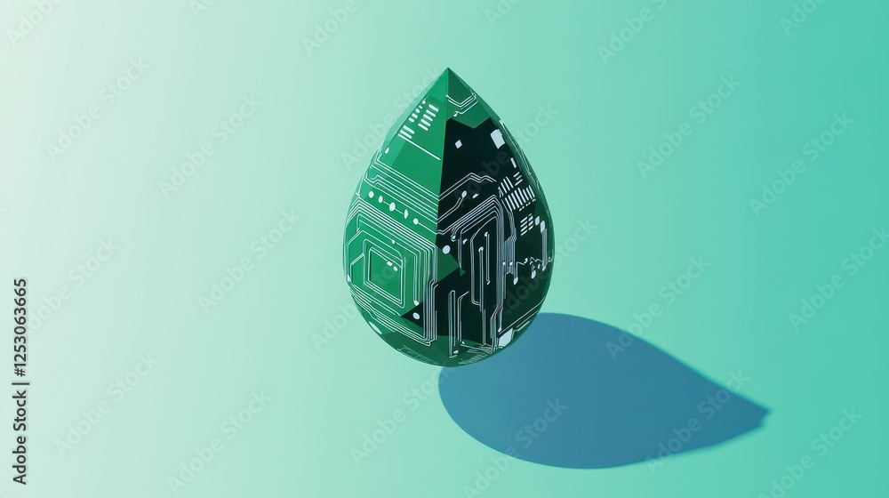 Poster isometric 3d low poly style illustration of a green water drop with circuit pattern on a gradient ba