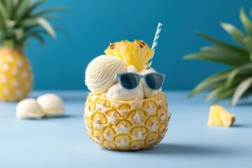 Vanilla ice cream served in a pineapple bowl, with sunglasses, pineapple slice, and straw, playful summer dessert on blue background.