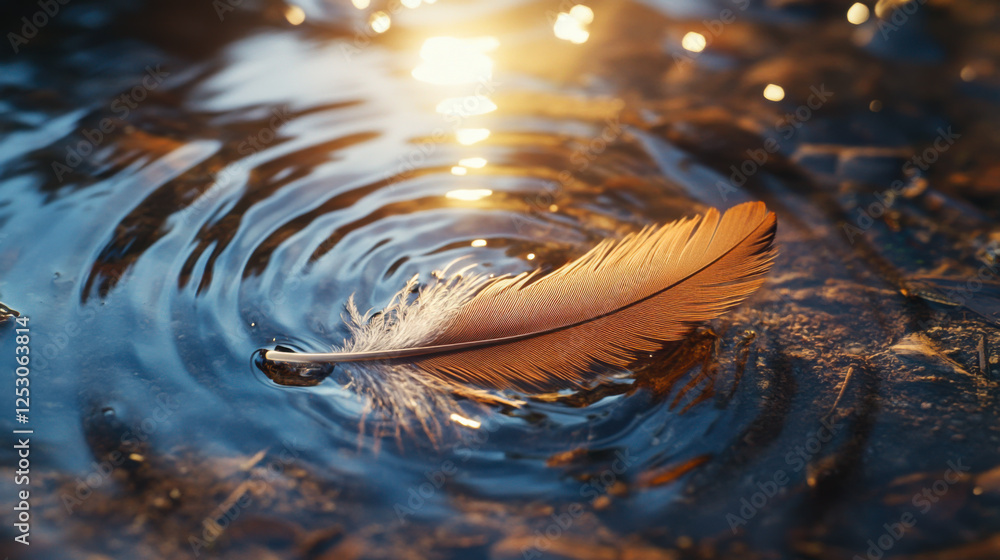 Poster feather floating on water with ripples from gentle disturbance in a serene natural setting