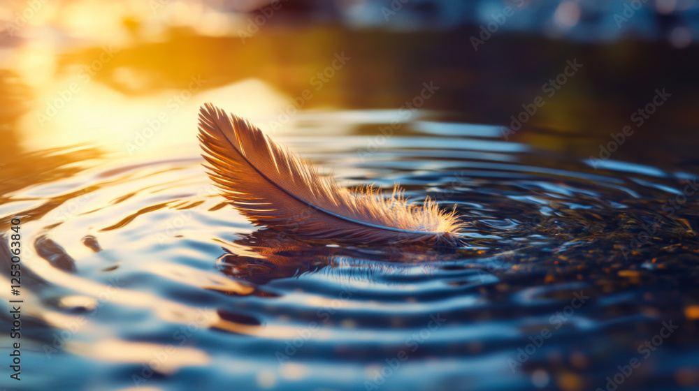 Poster feather floating on water with ripples from gentle disturbance in a serene natural setting