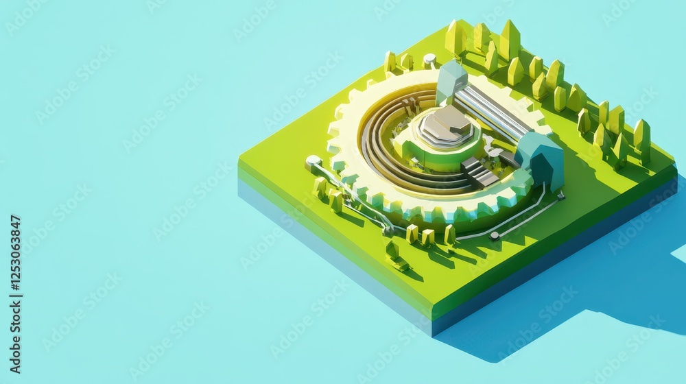 Poster isometric 3d low poly style art depiction of a stylized landscape with trees and railway elements in