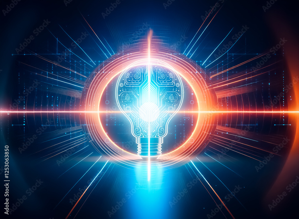 Poster a glowing lightbulb, its filament replaced with intricate circuitry, sits on a dark surface. the bac