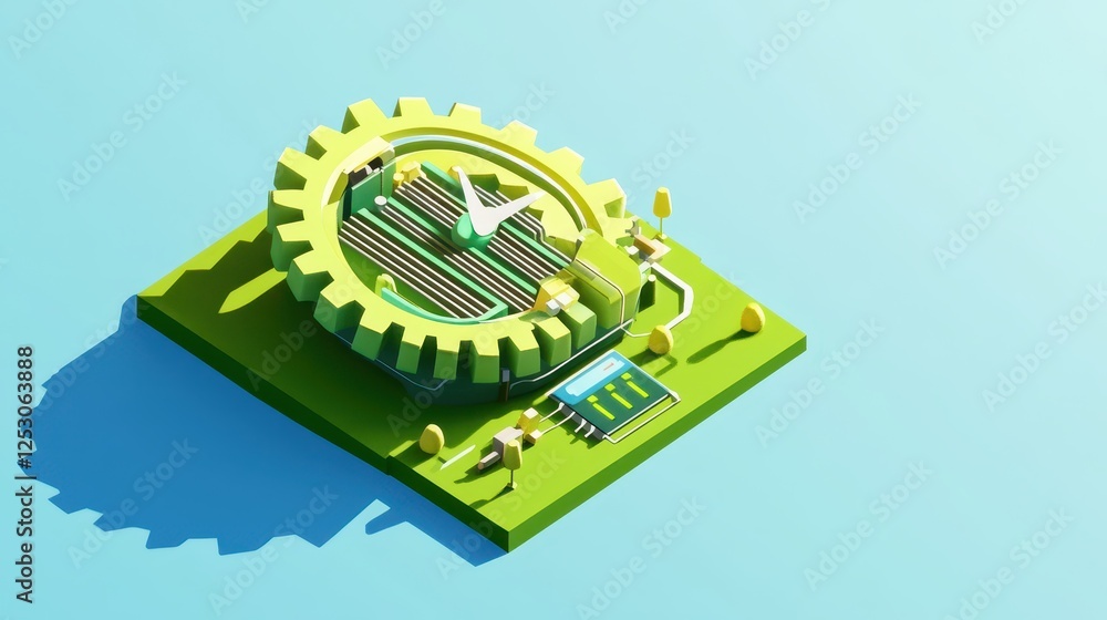 Poster isometric 3d low poly style depiction of a creative gear mechanism with trees and technology element