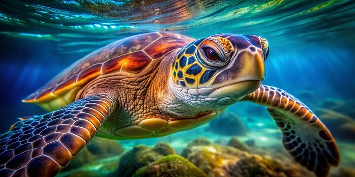 Majestic Sea Turtle Close-Up: Intricate Shell Patterns & Textures - Long Exposure Stock Photo