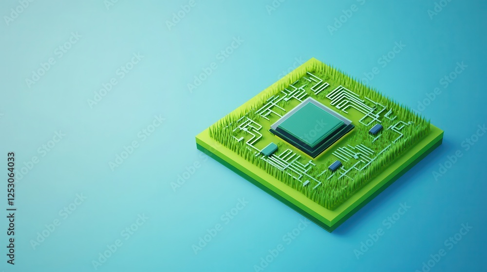 Poster isometric 3d low poly style depiction of a green circuit board with grass in low resolution version 