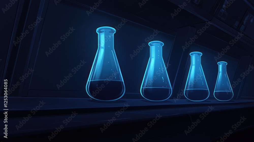 Poster a collection of glowing laboratory flasks lined up in a dark environment