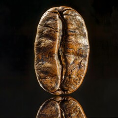 Naklejka premium Detailed Close-Up of a Single Roasted Coffee Bean Placed on Reflective Surface