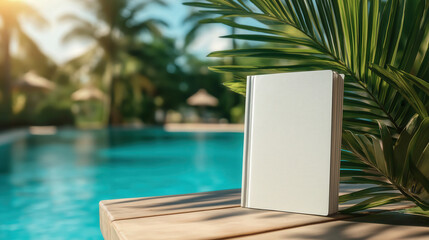 A blank book cover template stands elegantly on a wooden table, illuminated by soft sunlight