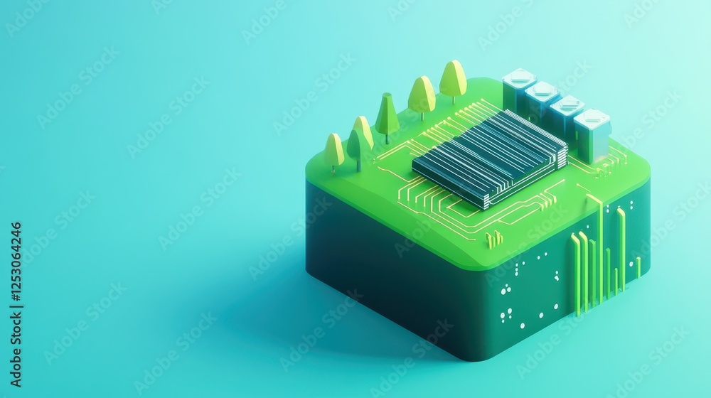 Poster isometric 3d low poly style depiction of green circuit board with stylized trees and components in m