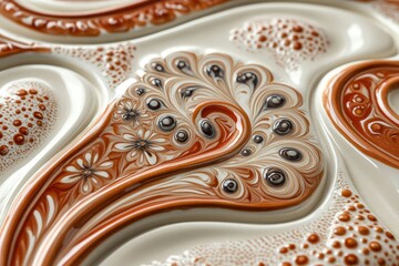 Intricate ceramic art with swirling patterns and embossed floral details in warm brown and off-white.