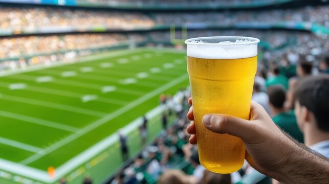 A hand holds a cold beer at a football game, The football field is blurred in background.