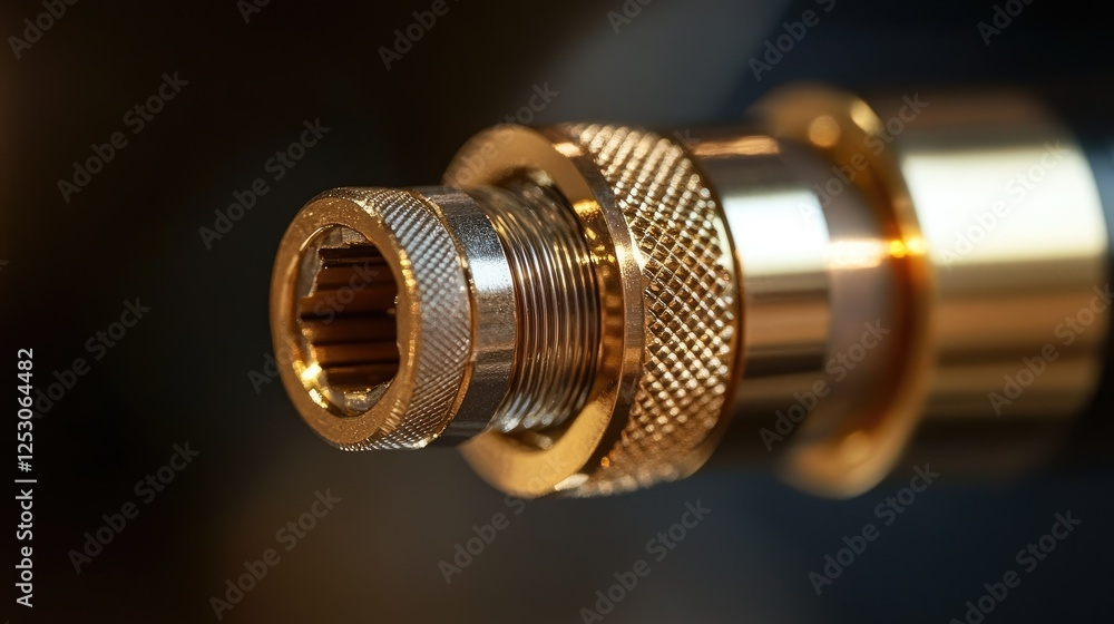 Poster a macro shot of a coaxial plug showing its precise gold-plated details and concentric design