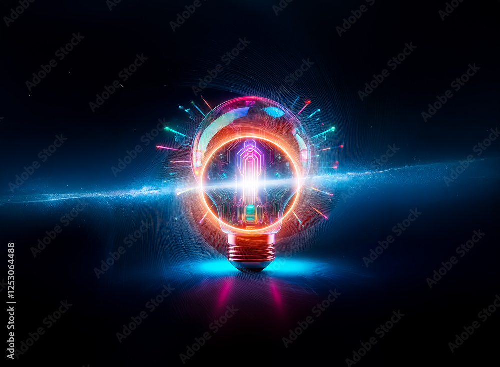 Poster A vibrant lightbulb illuminates the dark, radiating colorful energy.  Bright hues burst outward, creating a dynamic and luminous display.  The bulb itself is a mesmerizing source of light.