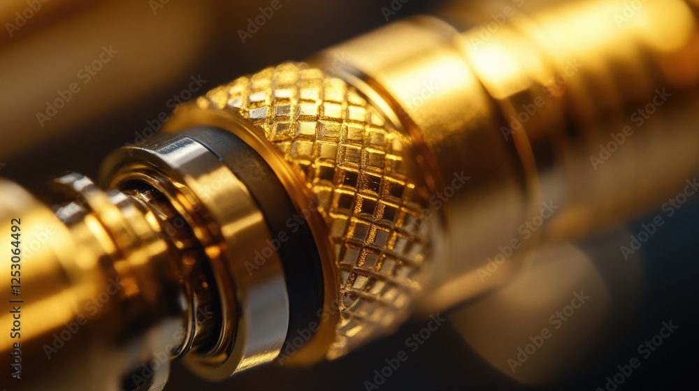 Poster a macro shot of a coaxial plug showing its precise gold-plated details and concentric design
