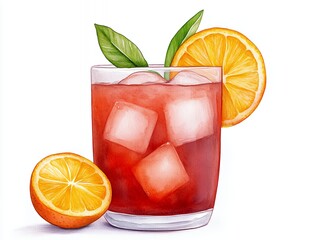 Watercolor Illustration Of Red Cocktail With Orange Slices
