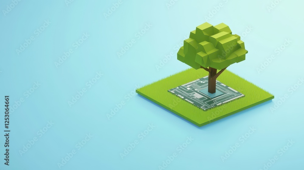 Poster isometric 3d low poly style depiction of a stylized tree on a circuit board base in a clean minimali