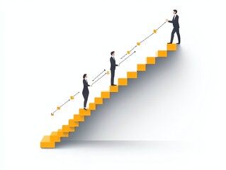 Businesspeople ascending yellow stairs with arrows, symbolizing growth and progress.