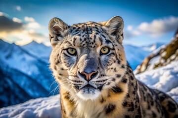 Fototapeta premium Majestic Snow Leopard Close-Up: Aerial Drone Shot, Wild Cat, Winter Predator, High-Resolution Wildlife Photography
