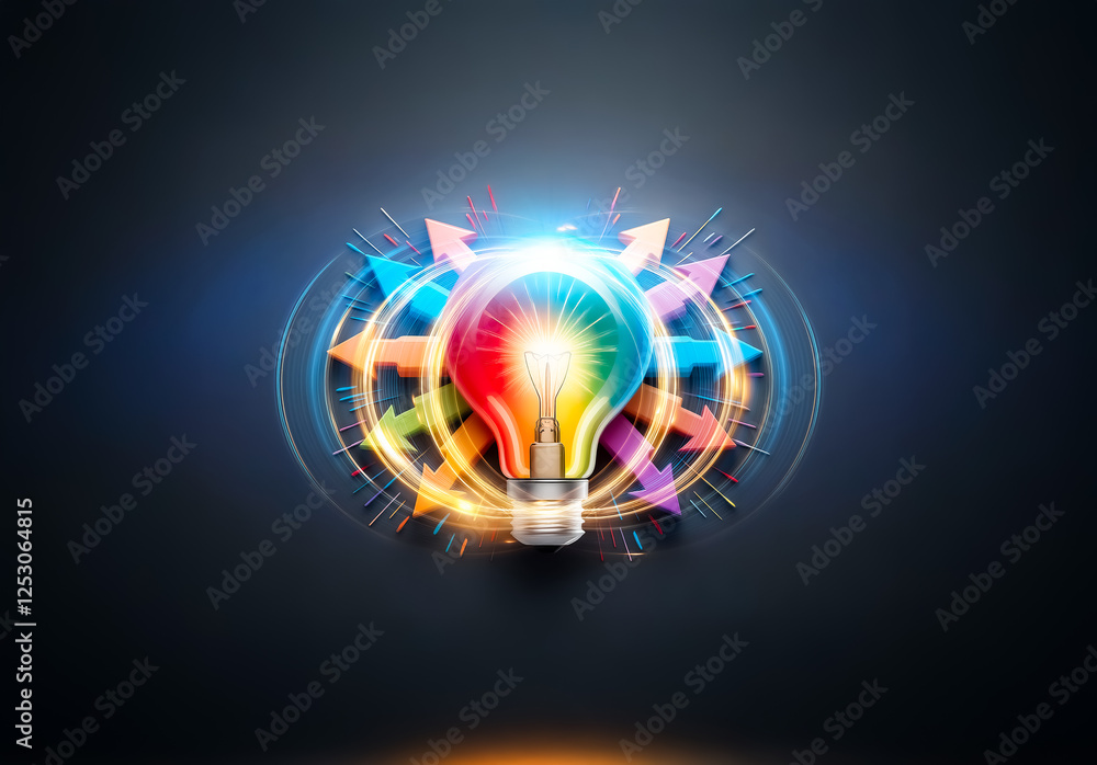Poster bright lightbulb with colorful rays and arrows pointing outward on a dark background. symbolizes ide
