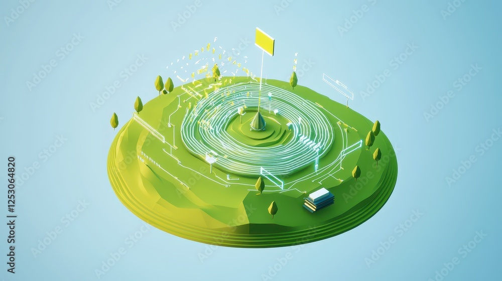 Aufkleber isometric 3d low poly style illustration of a stylized landscape with greenery and abstract data vis