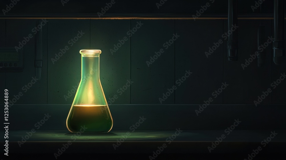 Poster a glowing laboratory flask filled with a mysterious green substance sits on a dark table. the ambian