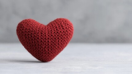 Fototapeta premium Red crocheted heart on a light gray surface